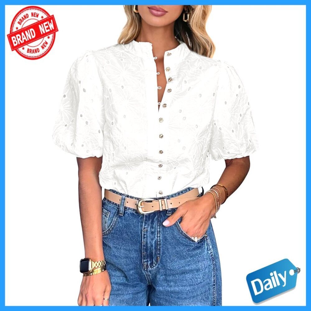 Short Sleeve V-Neck Lace Embroidered Blouse, Boho Button-Down Top for Women